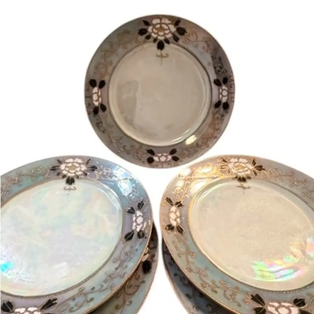 Vintage Japan Lusterware Dessert Plates Set 5 Gold Floral Iridescent 7.25